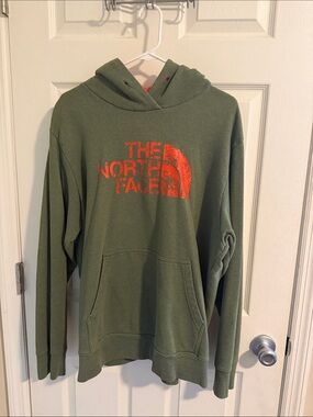 The North Face Olive Green Zip-Up Hoodie with Orange Logo